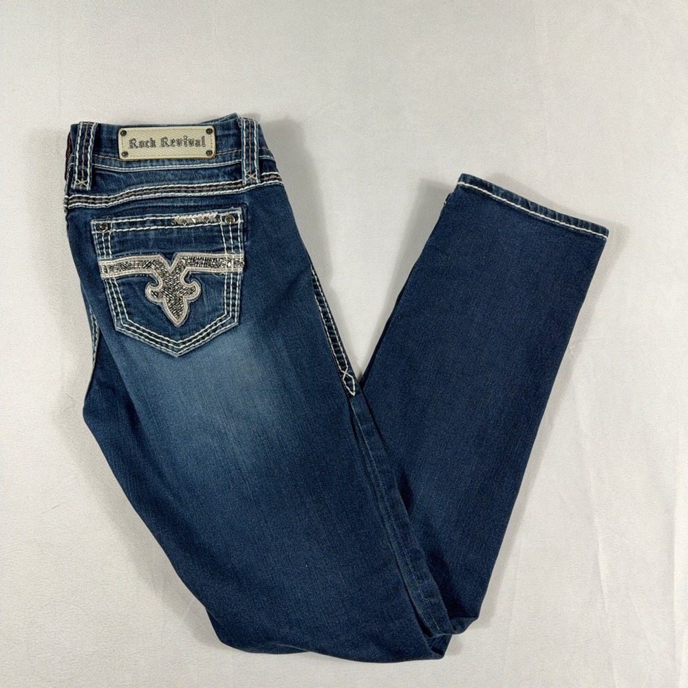 Rock Revival Easy Skinny Jeans Chile‎ Embroidered Thick Stitch Womens 30